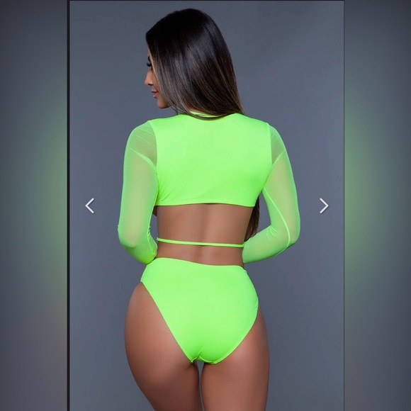 Neon Green Long Sleeve Cutout Swimsuit Small - Picture 2 of 8